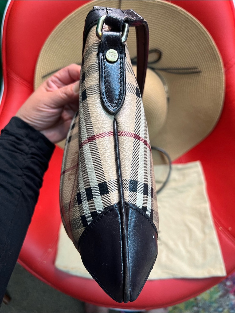 Burberry Tan Check Crossbody with Black Trim and Red Stripe - Picture 6 of 8